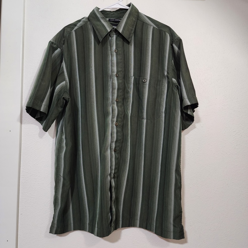 Haggar Men's Shirt Large Luxury Microfiber Green‎ Striped Short Sleeve